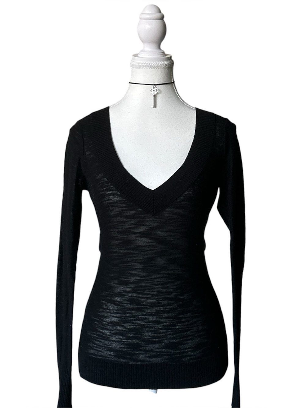 Y2K Grunge “Express” Basic Black Sheer V-Neck Long Sleeve Top